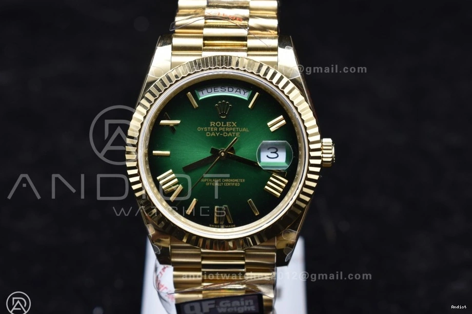 QF Best A2836 Black DayDate Edition 904L 40 V4 Weight) Dial on (Gain Steel Bracelet President Green YG 0301